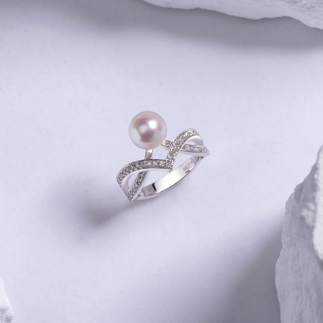 18K Solid Gold Diamond Akoya Hanadama Pearl Ring KR00042 | Desire - PEARLY LUSTRE