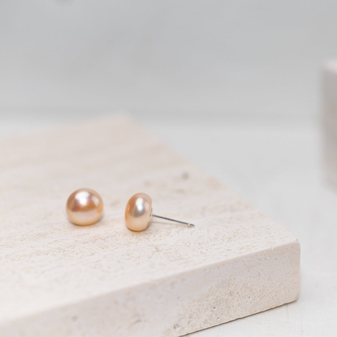 Elegant Freshwater Pink Semi Round Pearl Stud Earrings WE00208 - PEARLY LUSTRE