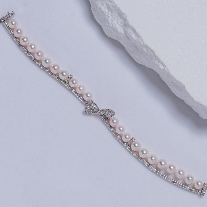 Elegant 18K Solid Gold Diamond Akoya Pearl Bracelet KB00026 - PEARLY LUSTRE