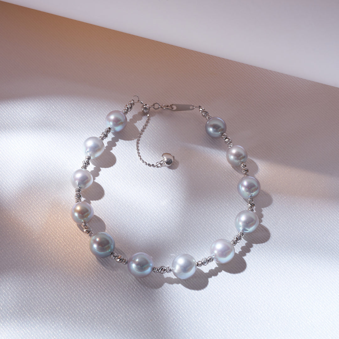 Bracelet en perles Akoya bleues en or massif 18 carats et argent KB00037