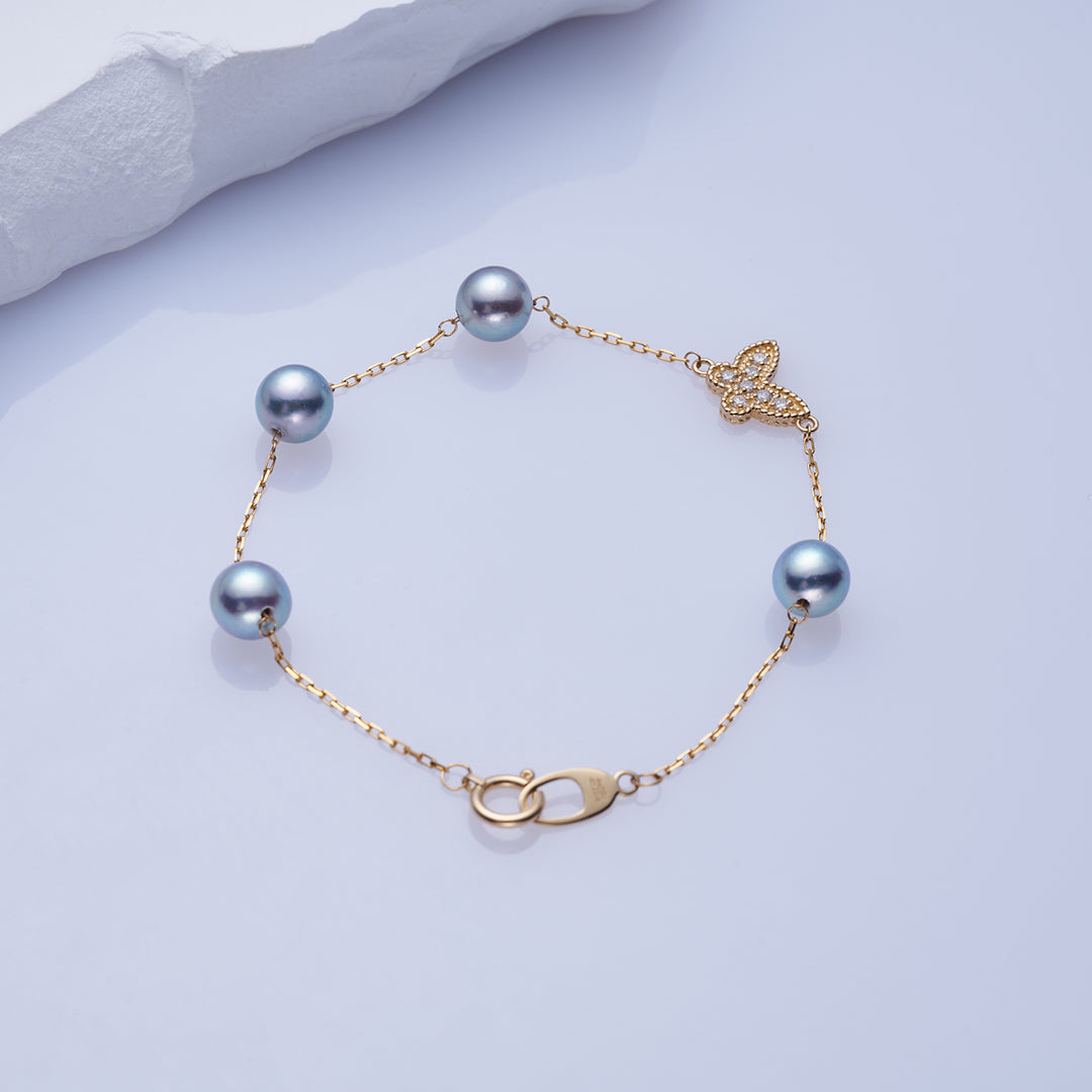 Gelang Mutiara Akoya Emas Pepejal 18K Perak Biru KB00041