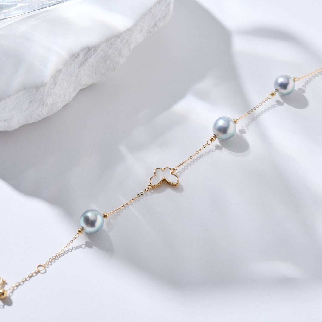 18K Solid Gold Silver Blue Akoya Pearl Bracelet KB00051