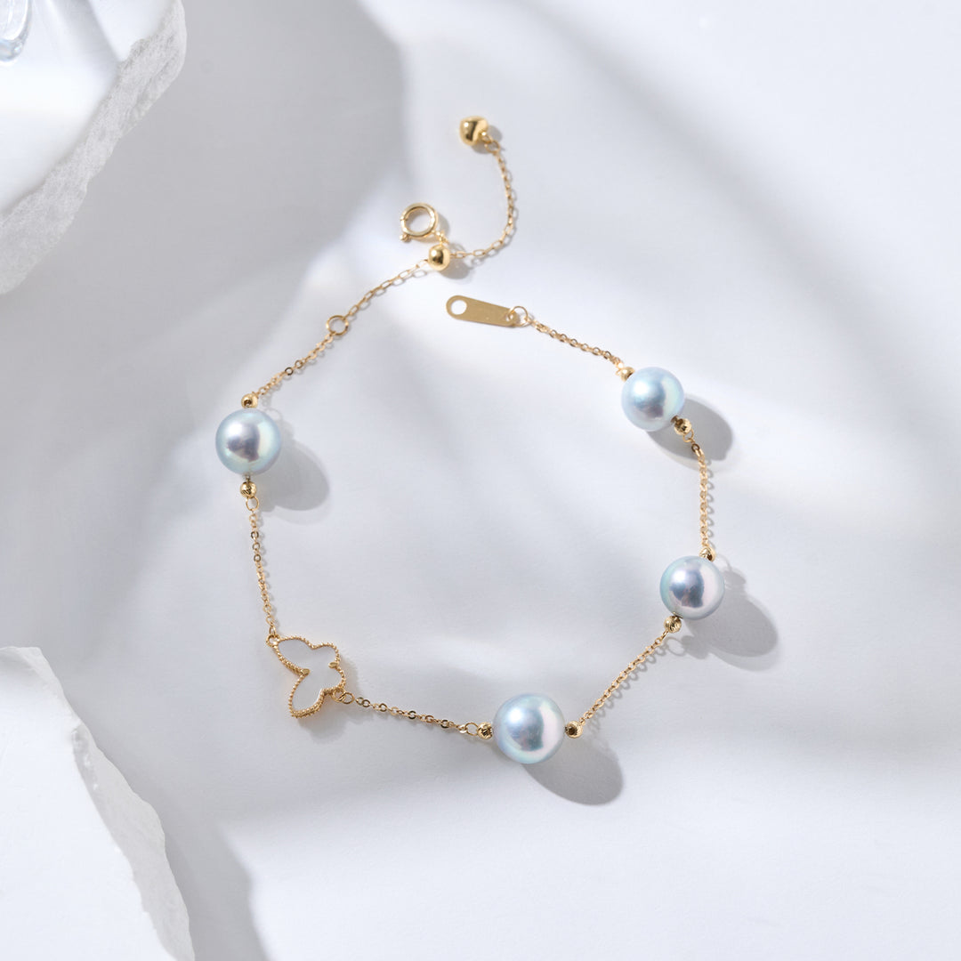 Pulsera de Perlas Akoya Azules de Plata de Oro Sólido de 18K KB00051