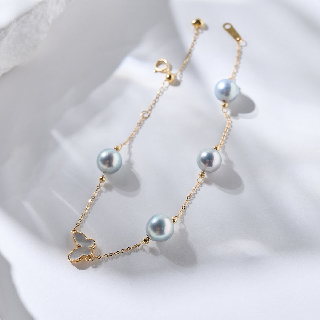 Pulsera de Perlas Akoya Azules de Plata de Oro Sólido de 18K KB00051