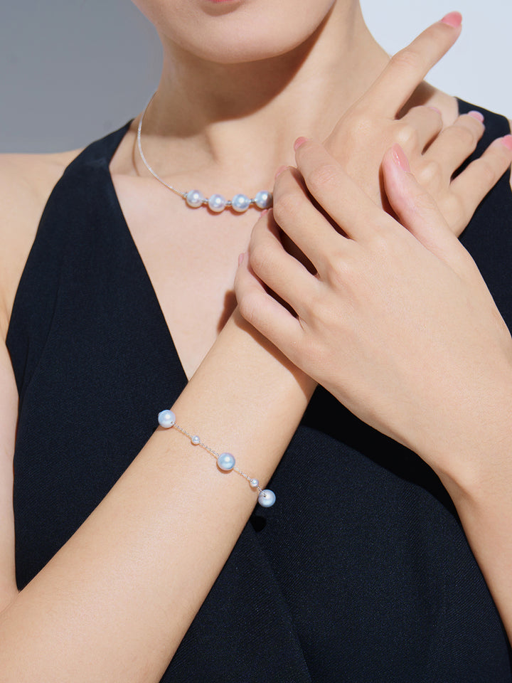 Bracelet en perles Akoya argentées bleues en or massif 18 carats de qualité supérieure KB00057