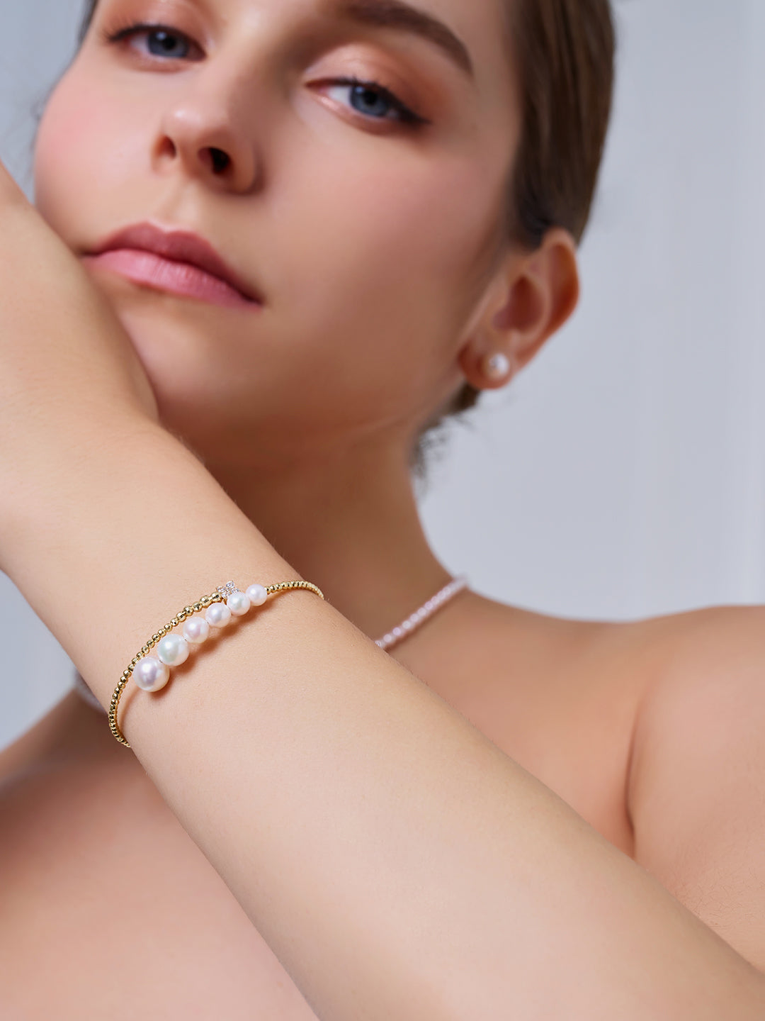 سوار لؤلؤ مياه عذبة ذهبي صلب عيار 18 عالي الجودة KB00067