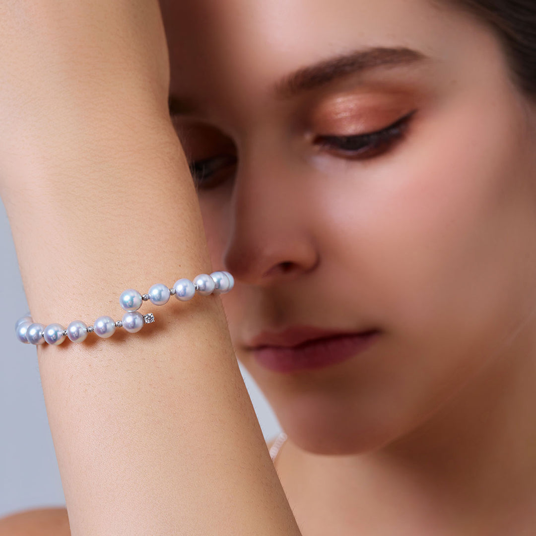 18K ソリッドゴールド シルバー ブルー アコヤパール ブレスレット KB00068