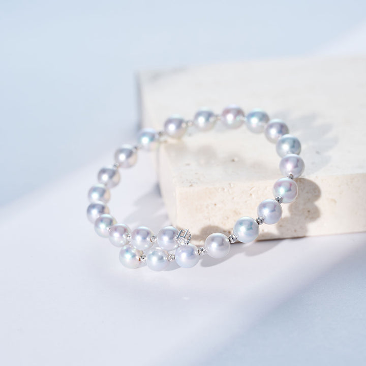 18K ソリッドゴールド シルバー ブルー アコヤパール ブレスレット KB00068