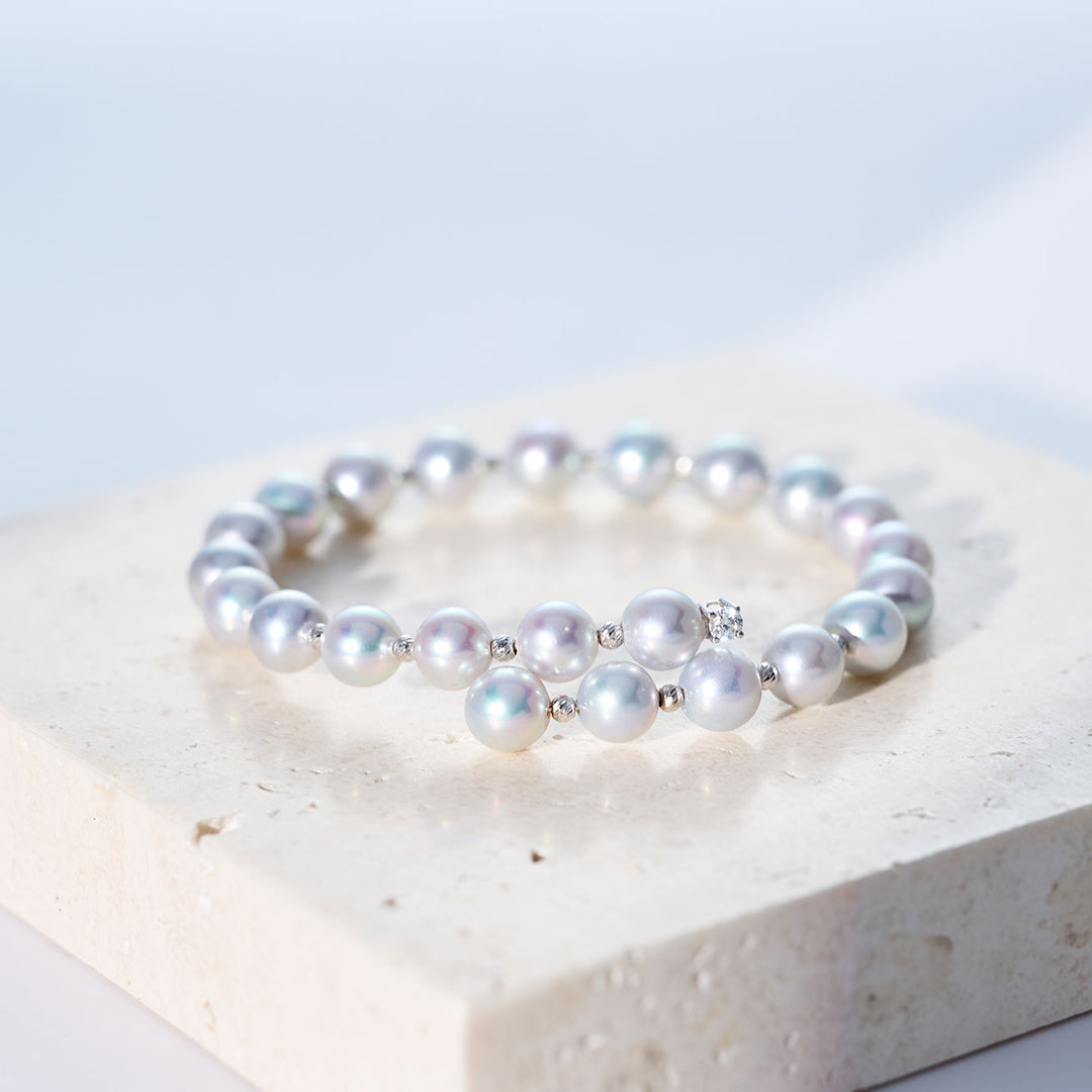 18K ソリッドゴールド シルバー ブルー アコヤパール ブレスレット KB00068