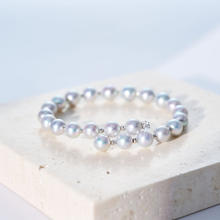 18K ソリッドゴールド シルバー ブルー アコヤパール ブレスレット KB00068