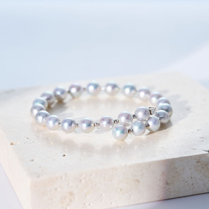 18K ソリッドゴールド シルバー ブルー アコヤパール ブレスレット KB00068