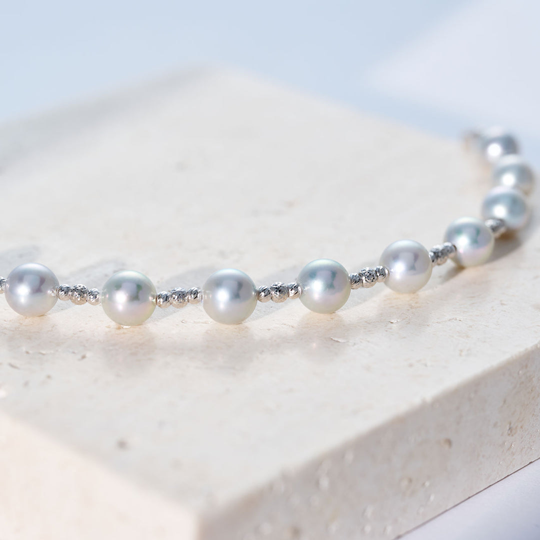 18K ソリッドゴールド シルバー ブルー アコヤパール ブレスレット KB00070
