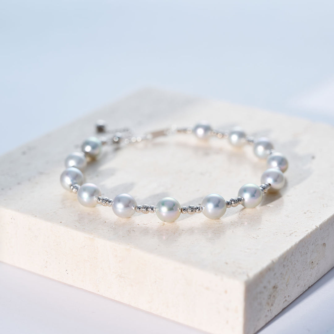 18K ソリッドゴールド シルバー ブルー アコヤパール ブレスレット KB00070
