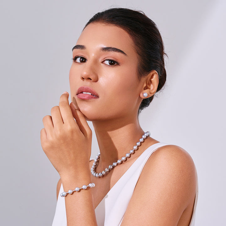 Pendientes de perlas Akoya azules de plata de grado superior de oro de 18 quilates KE00021