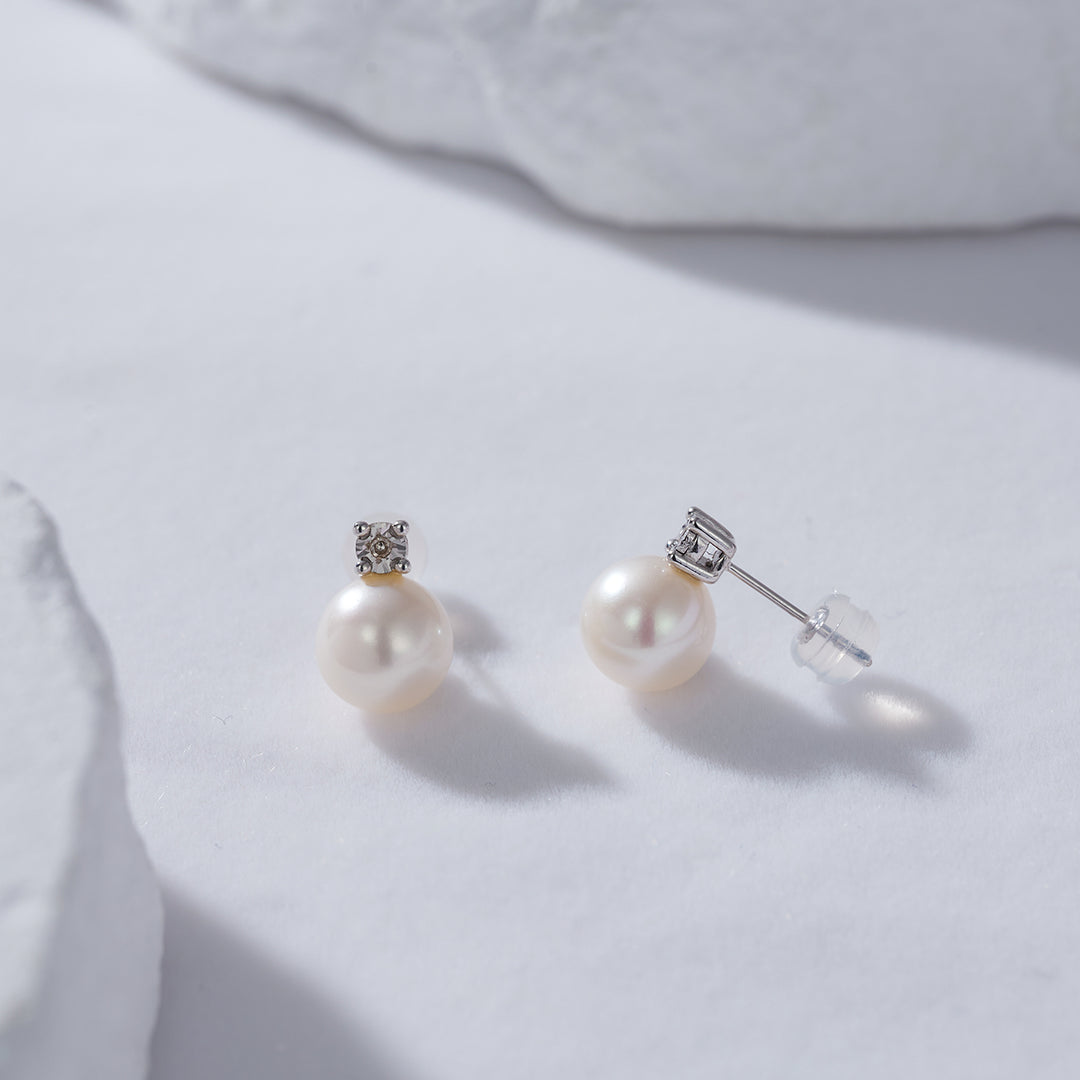 18K Solid Gold Diamond Pearl Earrings KE00092 - PEARLY LUSTRE