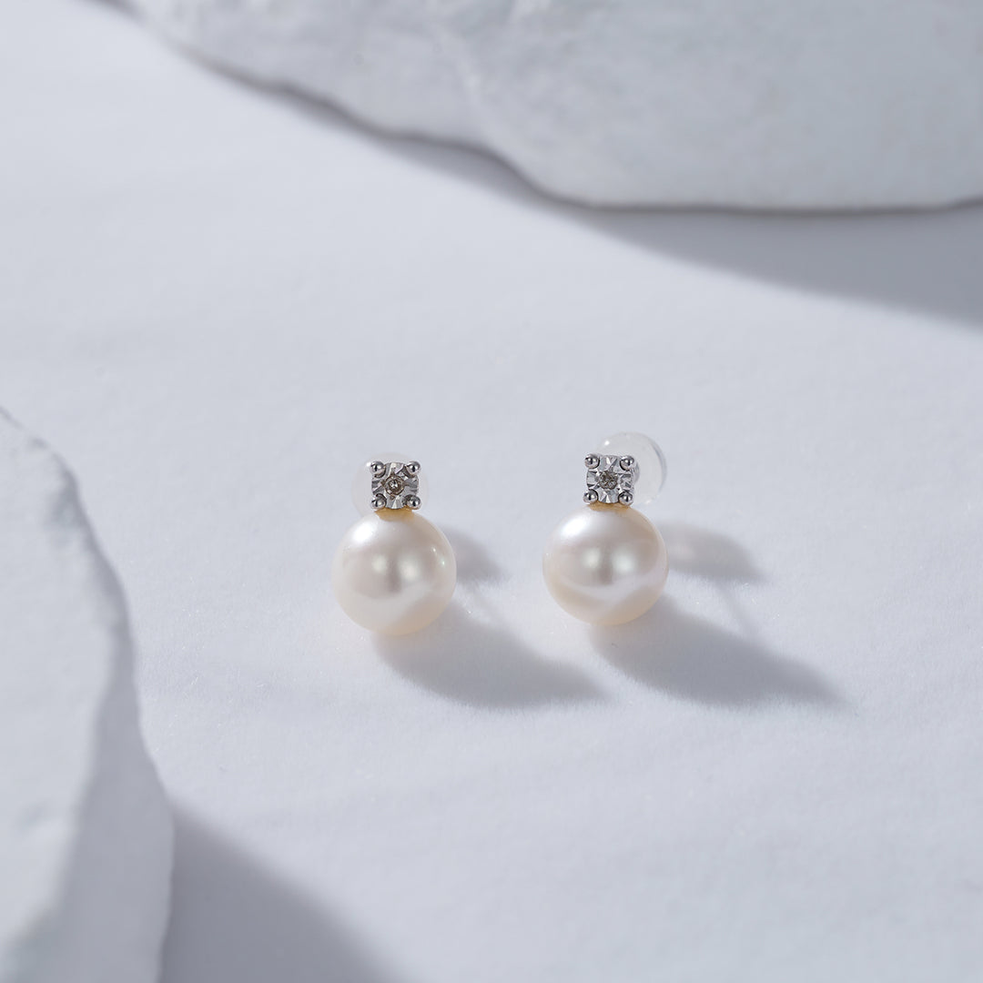 18K Solid Gold Diamond Pearl Earrings KE00092 - PEARLY LUSTRE