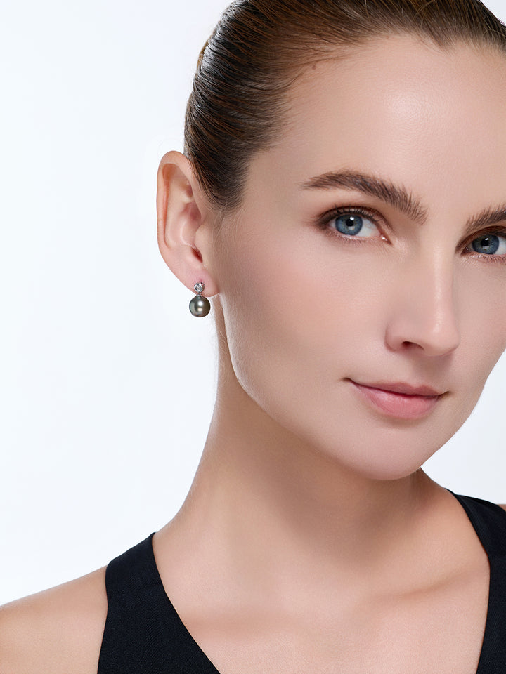 18K Solid Gold Diamond Tahitian Pearl Earrings KE00093