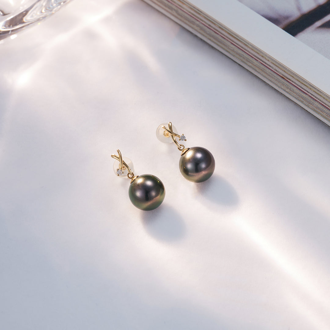 18K Solid Gold Diamond Tahitian Pearl Earrings KE00128 - PEARLY LUSTRE