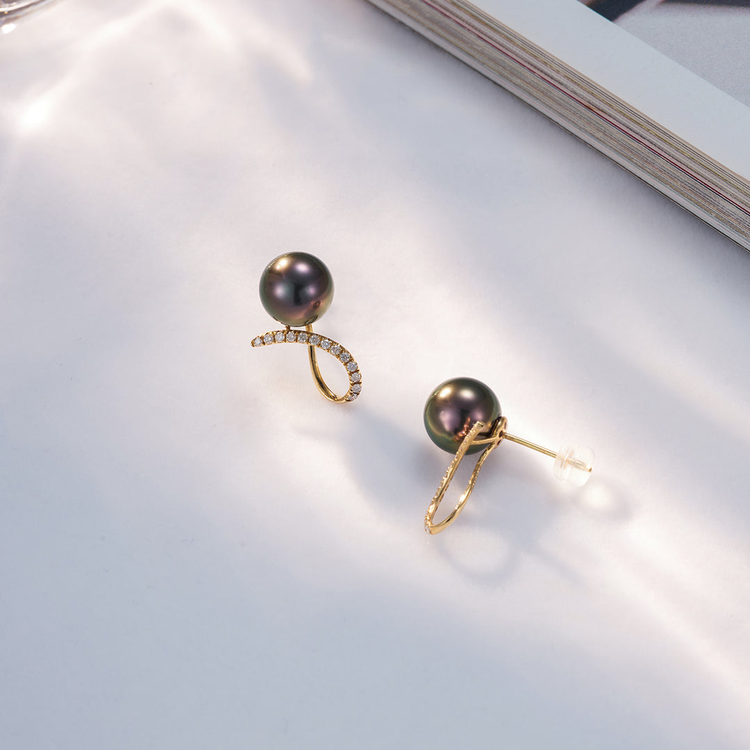 18K Gold Diamond Tahitian Pearl Earrings KE00133 - PEARLY LUSTRE