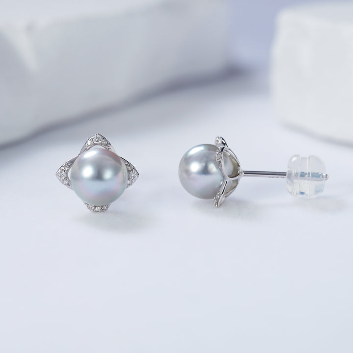Top Grade 18K Gold Diamond Silver Blue Akoya Pearl Earrings KE00151 - PEARLY LUSTRE
