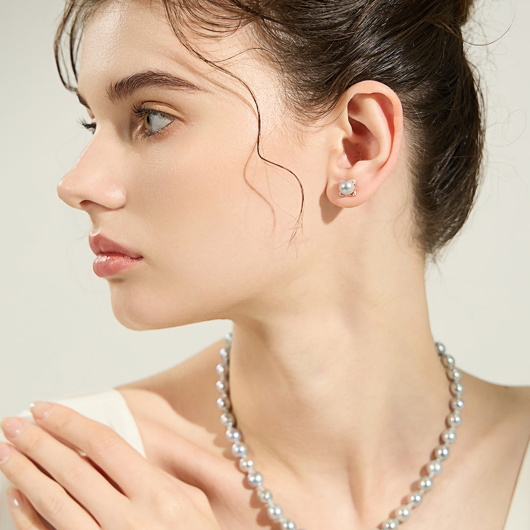 Top Grade 18K Gold Diamond Silver Blue Akoya Pearl Earrings KE00151 - PEARLY LUSTRE