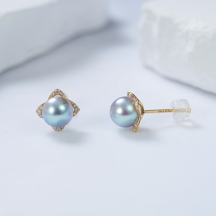 Top Grade 18K Gold Diamond Silver Blue Akoya Pearl Earrings KE00152 - PEARLY LUSTRE