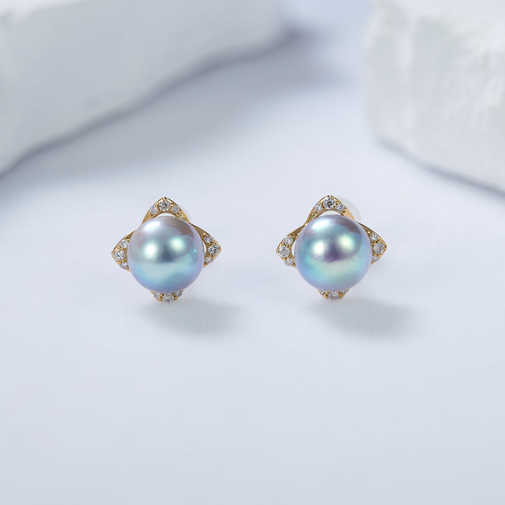 Top Grade 18K Gold Diamond Silver Blue Akoya Pearl Earrings KE00152 - PEARLY LUSTRE