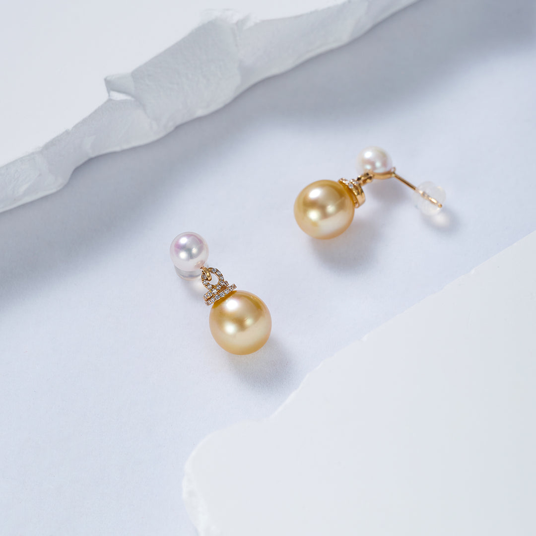 18K Solid Gold﻿ South Sea Golden and Akoya White Pearl Earrings KE00155 - PEARLY LUSTRE