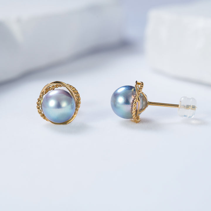 Top Grade 18K Gold Silver Blue Akoya Pearl Earrings KE00159 - PEARLY LUSTRE