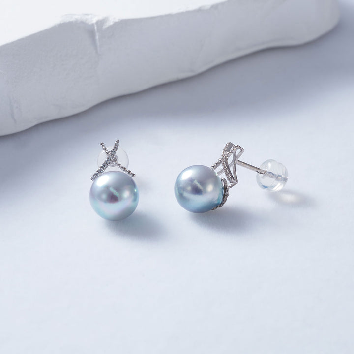 Top Lustre 18K Gold Silver Blue Akoya Pearl Earrings KE00173 - PEARLY LUSTRE