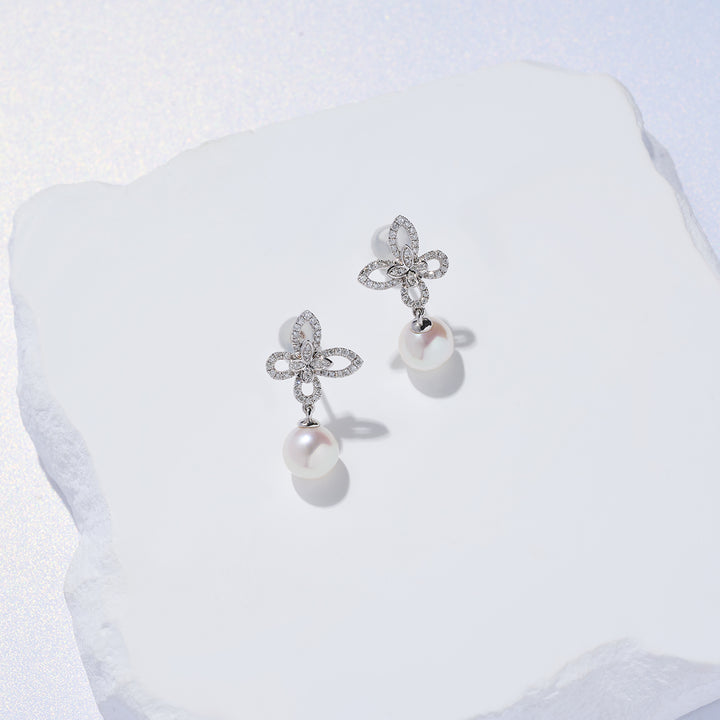 Boucles d'oreilles en perles Akoya Hanadama en or massif 18K avec diamants KE00236