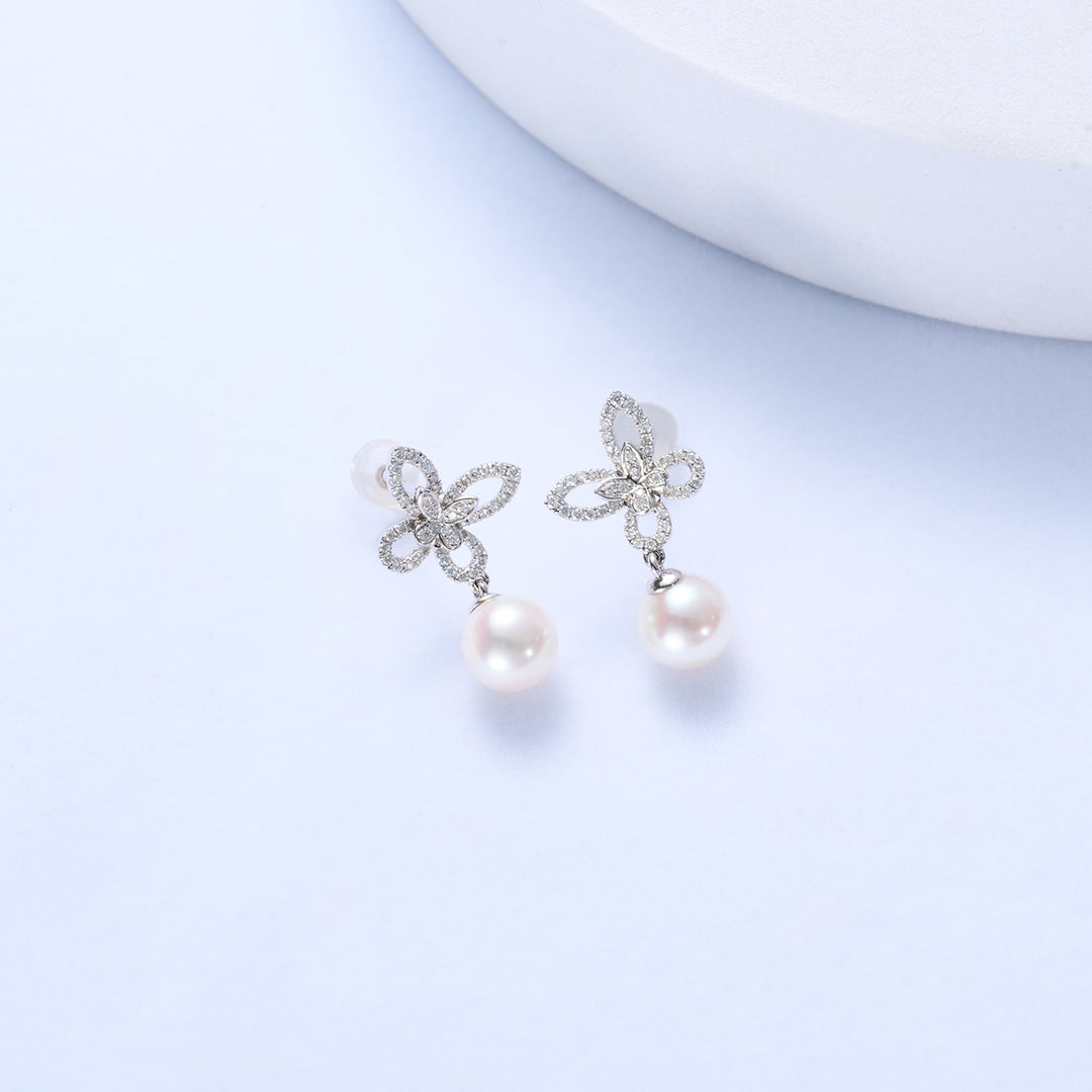 18K Solid Gold Diamond Akoya Hanadama Pearl Earrings KE00236