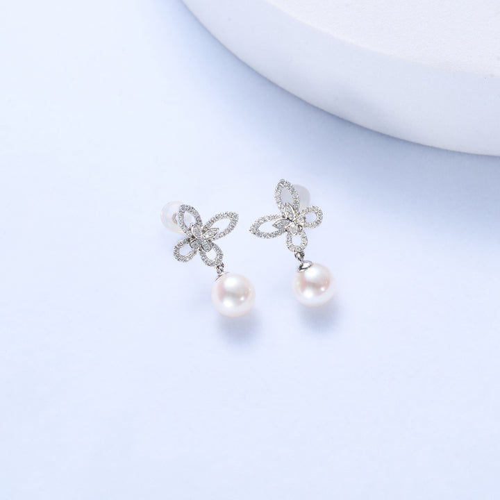 Boucles d'oreilles en perles Akoya Hanadama en or massif 18K avec diamants KE00236