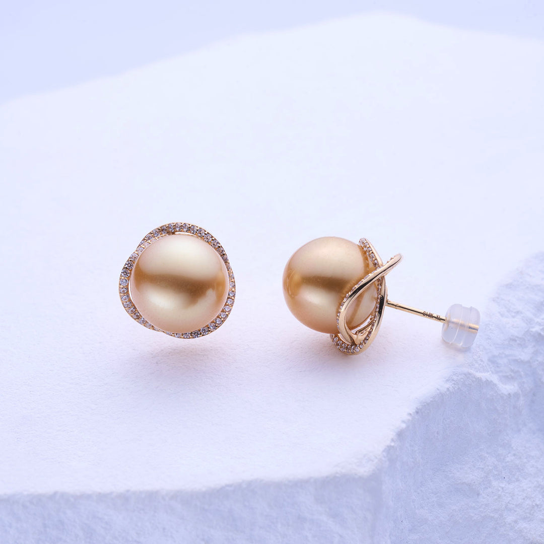 18K Solid Gold﻿ South Sea Golden Pearl Stud Earrings KE00237