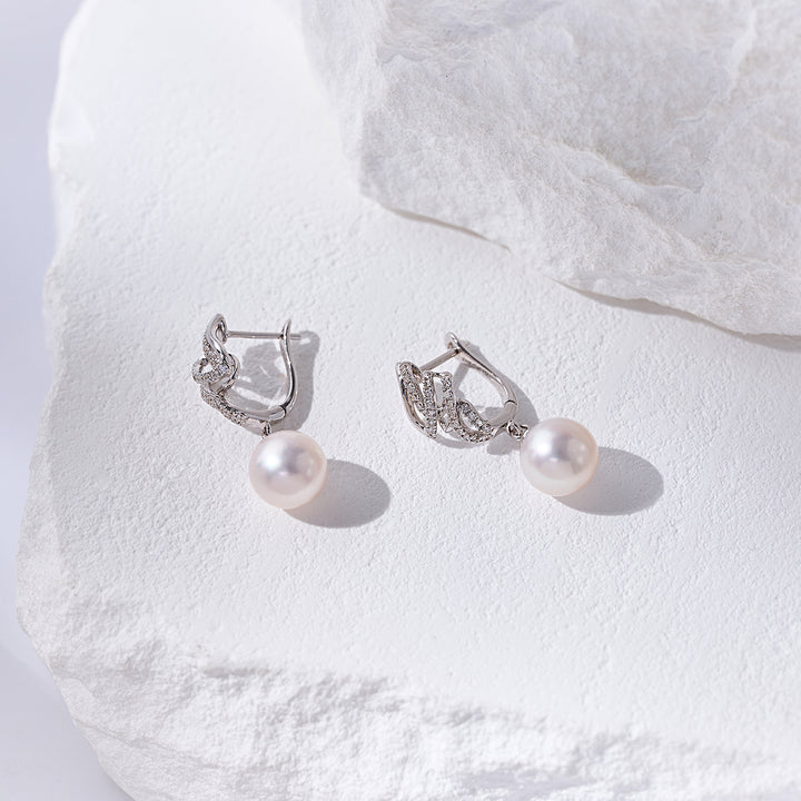 18K Diamond Hanadama Akoya Pearl Earrings KE00259 | LOVE - PEARLY LUSTRE