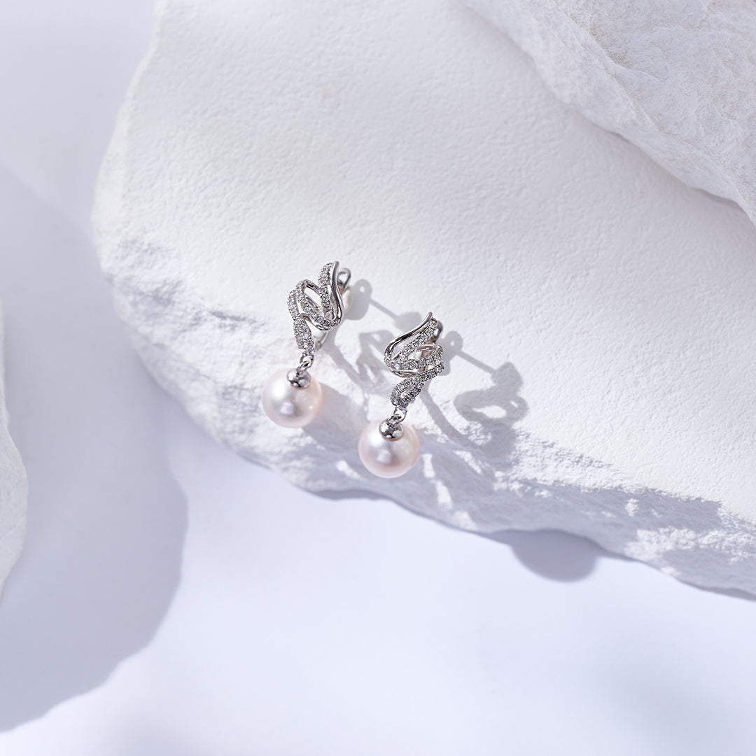 18K Diamond Hanadama Akoya Pearl Earrings KE00259 | LOVE - PEARLY LUSTRE