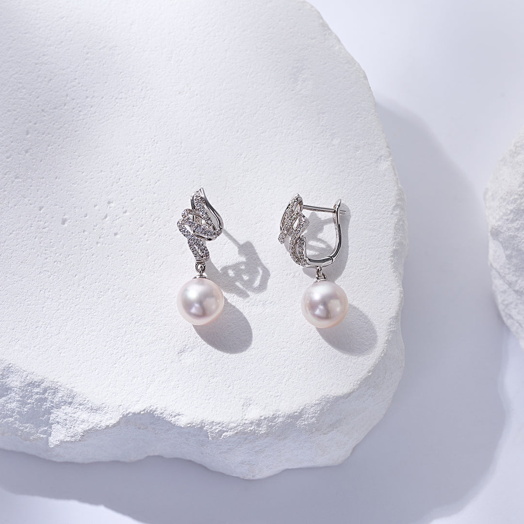 18K Diamond Hanadama Akoya Pearl Earrings KE00259 | LOVE - PEARLY LUSTRE