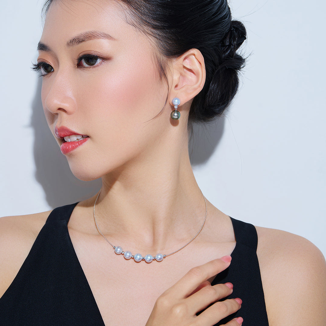 18k Solid Gold Silver Blue Akoya Pearl Necklace KN00310
