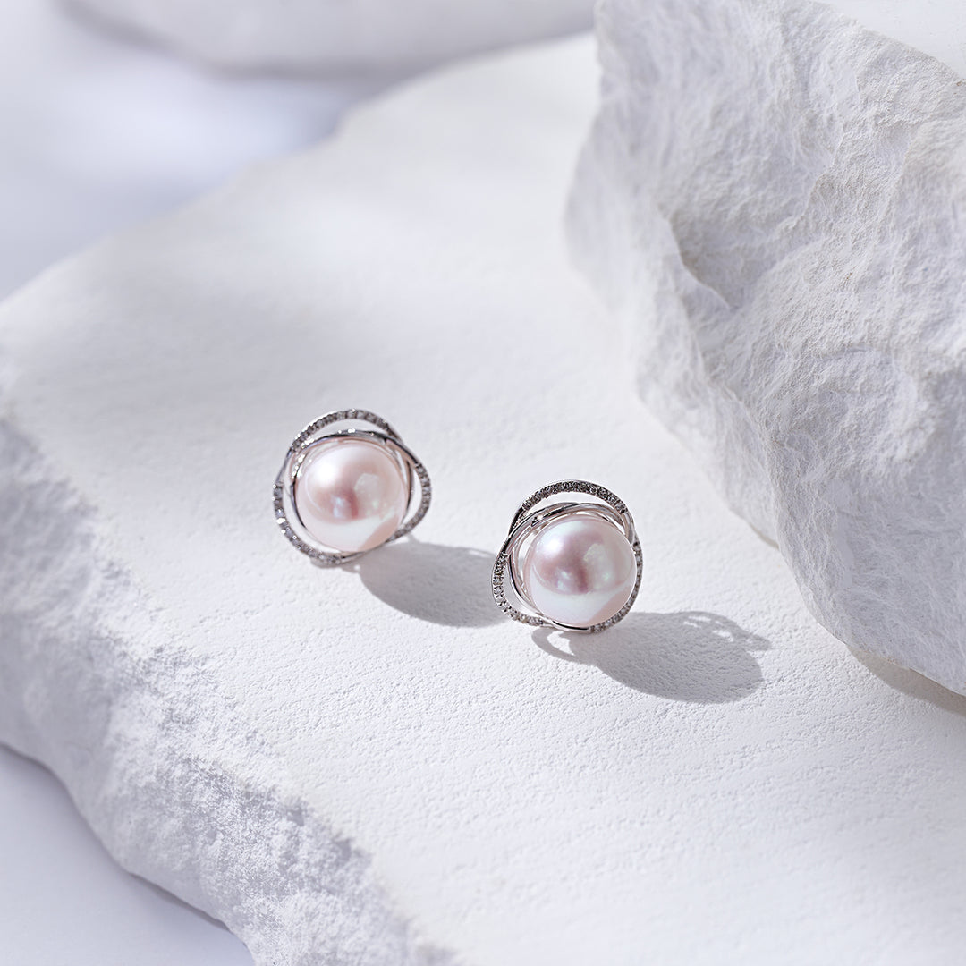 18K Solid Gold Diamond Edison Pearl Earrings KE00267 | Lady Boss - PEARLY LUSTRE