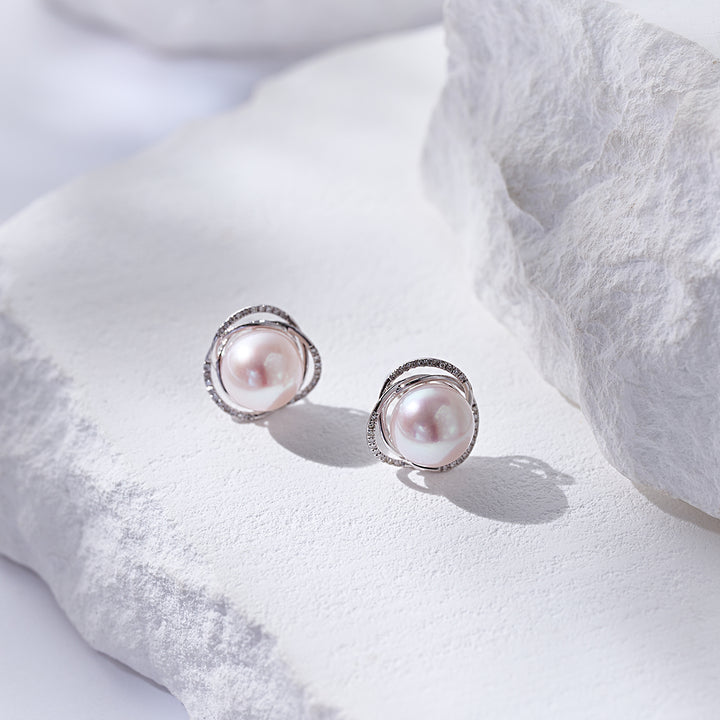 18K Solid Gold Diamond Edison Pearl Earrings KE00267 | Lady Boss - PEARLY LUSTRE