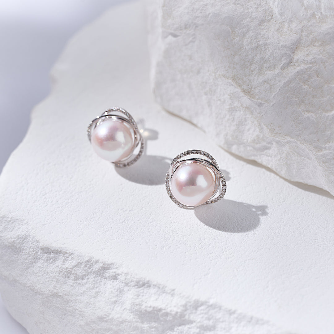 18K Solid Gold Diamond Edison Pearl Earrings KE00267 | Lady Boss - PEARLY LUSTRE