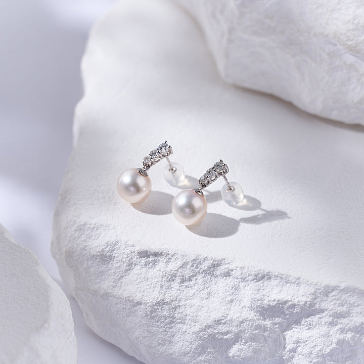 18K Diamond Hanadama Akoya Pearl Earrings KE00271 | Timeless - PEARLY LUSTRE