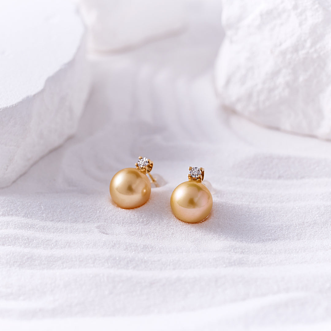 18K Gold Diamond South Sea Golden Pearl Earring KE00278 - PEARLY LUSTRE