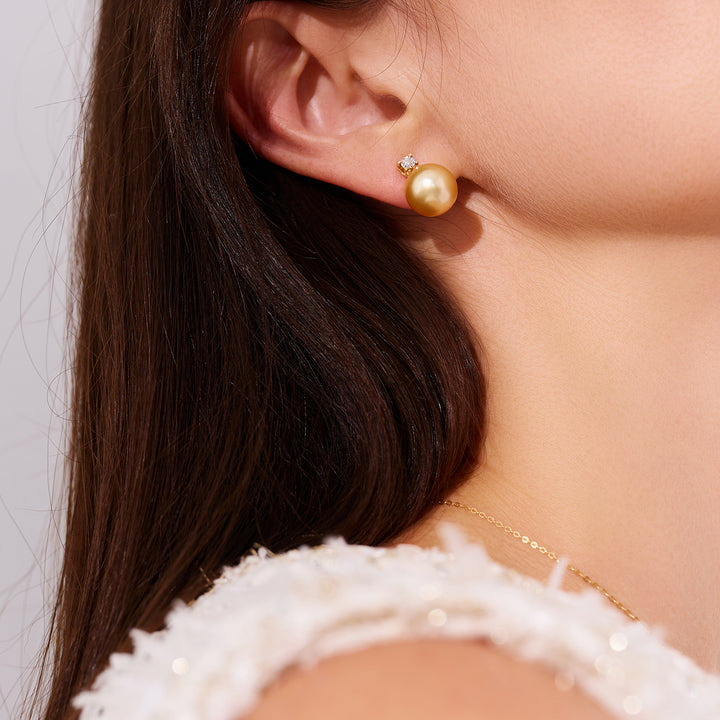 18K Gold Diamond South Sea Golden Pearl Earring KE00278 - PEARLY LUSTRE