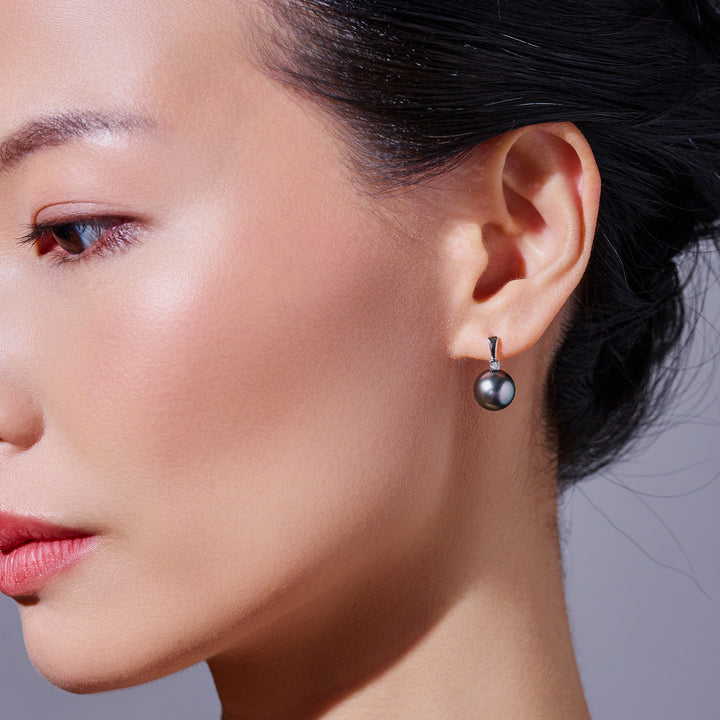 Pendientes de perla tahitiana con diamante de oro macizo 18K KE00297