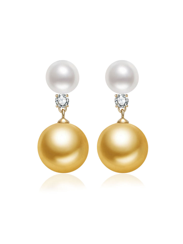 Pendientes de perlas doradas del mar del Sur y perlas blancas Akoya de oro macizo de 18K de primera calidad KE00330 | HARMONY