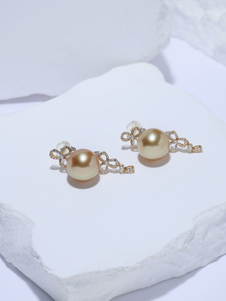 Pendientes de perlas doradas de los Mares del Sur de oro macizo de 18K y brillo excepcional KE00356