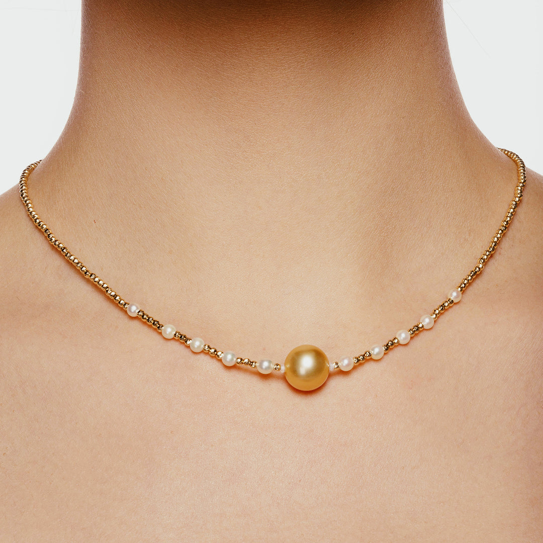 Collar de perlas doradas del Mar del Sur de oro macizo de 18 k KN00123 | ARMONÍA