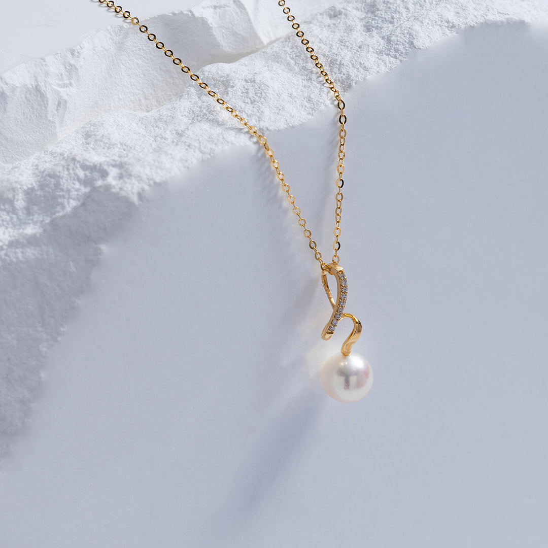 18K Solid Gold Diamond Hanadama Akoya Pearl Necklace KN00135 - PEARLY LUSTRE