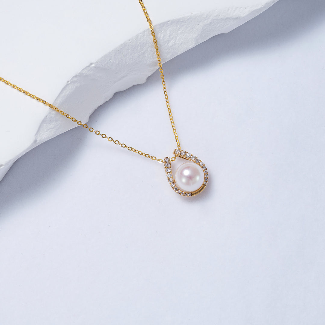 18K Solid Gold Diamond Hanadama Akoya Pearl Necklace KN00201 - PEARLY LUSTRE